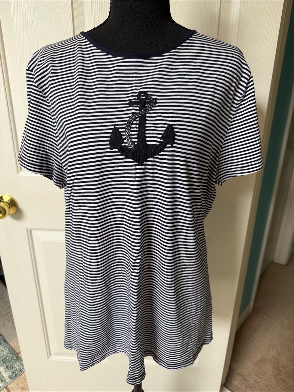 Talbots Navy and White Striped Knit Top with Beaded Anchor Accent and Trim